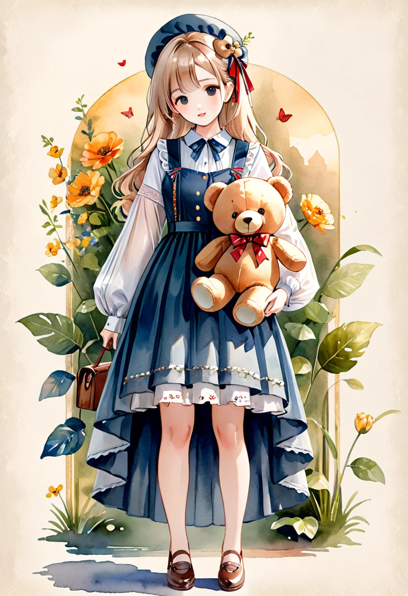 ((antique:1.5)),((With a big teddy bear:1.5)),Beautiful and cute woman,1 Female,Solo,Sharp features,Sophisticated,((Watercolor:1.5)),whole body,超High resolution,((Attention to detail)),high quality,High resolution,最high quality,(vintage:1.4),(Cute pose:1.3),Dull color,So adorable,model like,Fluffy atmosphere,(Accurate body),((antiqueな服:1.5)),