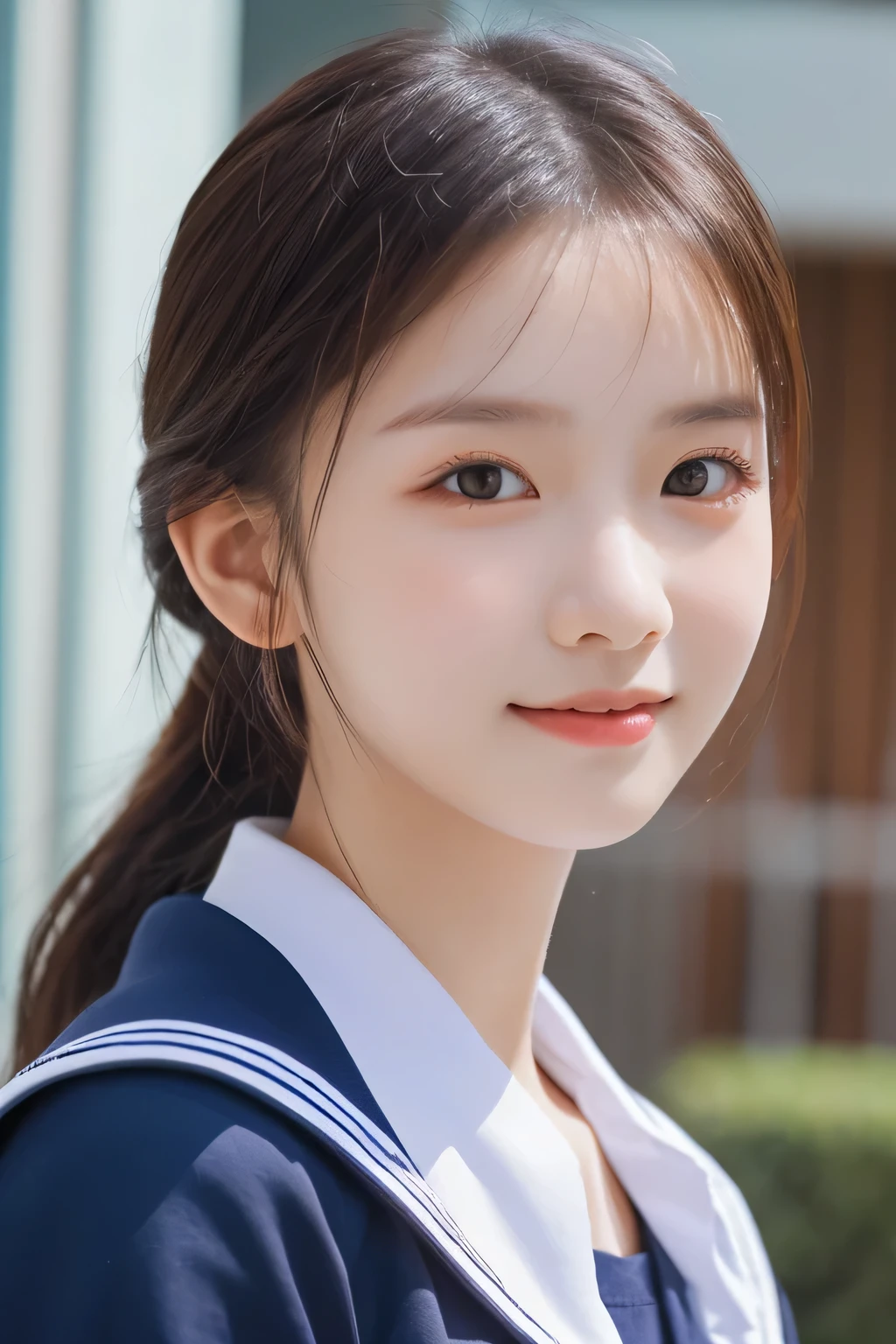 Beautiful girl, , (Highest quality:1.4), (Very detailed), (Very detailed美しい顔), Short sleeve, Sailor suit, Great face and eyes, iris, ponytail, The Beauty of Japan, (Skinny body type:1.1), (Flat Chest:1.3), smile, Smooth, Very detailed CG synthesis 8k wallpaper, High-resolution RAW color photos, Professional photography, Light, BackLight, dream-like, impressive, Written boundary depth, School building in the background, (Face close-up:1.4), (Shoot from the front:1.2)