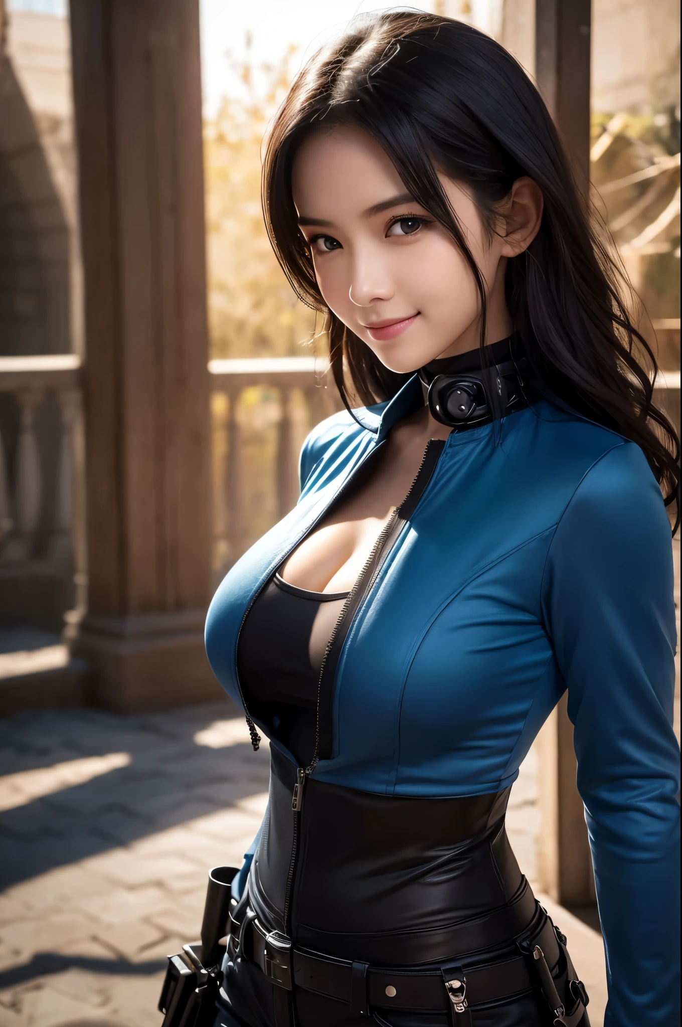 8k,sister,so beautiful(Like the real thing),My sister is cool and short with very big breasts.,Toned, muscular body,sexy,clear narrow eyes,black eye,Cool smile,Black long perm,Blue combat jacket,Black Shirt,Black combat pants,short,Cool smile,Compensate,Ultra-Realistic Skin,compensate,masterpiece,Photorealistic RAW photos of the highest quality。Bright colors,Rich colors, Backlight, Cinema Lighting, Film Grain, to be born, 50mm lens, Nikon D850,Detailed character art,Fantasy art,Ultra-high resolution,Ultra-Realistic Skin,Perfect hand shape,In front of the abandoned temple,Beautiful expression,close,