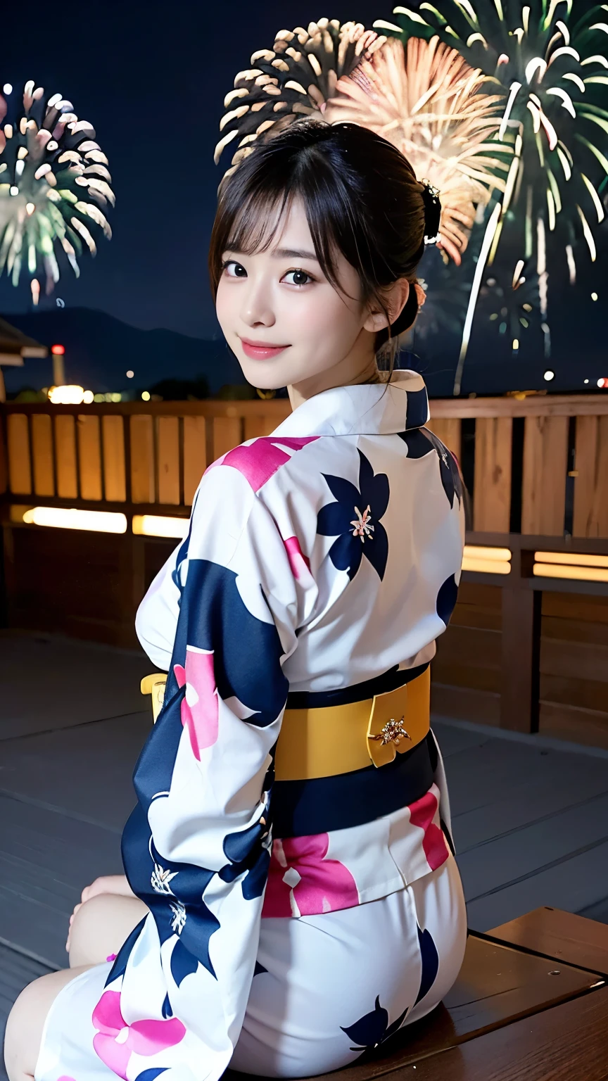 (8k、RAW Photosgraphy、highest quality、masterpiece:1.2)、(Realistic、Photorealistic:1.37)、Ultra-high resolution、One Girl、cute、solo、night、Sitting、date、(Nose redness)、(Laughter:1.1)、(Closed)、huge 、Beautiful Eyes、(short hair:1.2)、(((Fireworks bursting into the sky、night)))、(((kimono、yukata)))、Cleavage、Perfect body、Perfect Fingers、Professional Lighting、Japanese Goddess、gravure、Detailed face and skin texture、Detailed eyes、RAW Photos,(A penis is inserted from behind while the girl is half naked and about to be guillotined:1.1),