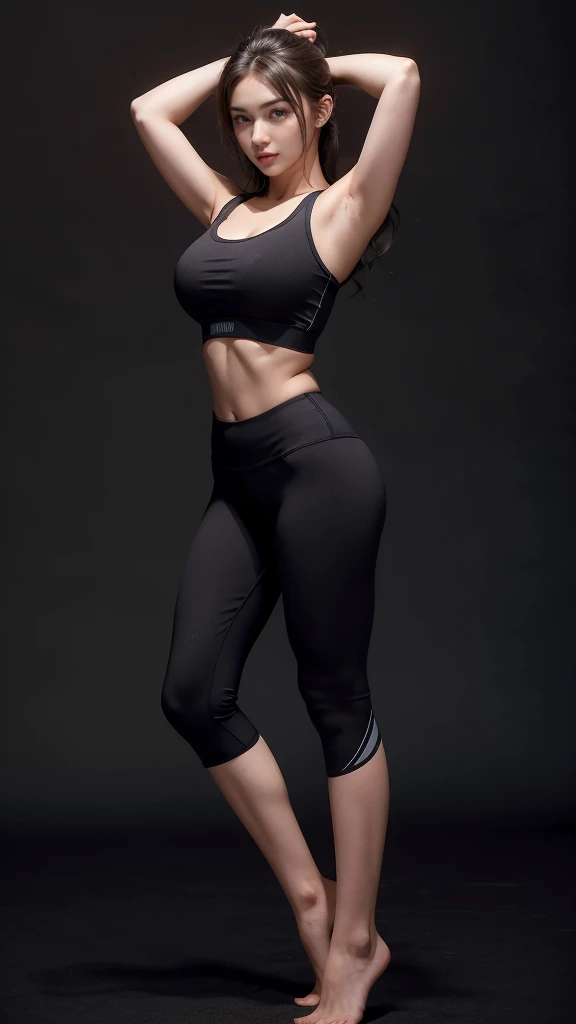 A closeup of a woman, mirage, with a short gray suit, pull apart, thin waist, thin waist, wearing simple, tight clothing, tight suit, wearing a sexy crop top, approach a skinny, thin waist, muted colored bodysuit, thin waist, slim and symmetrical body, exposed waist, gray clothes, hand on hips, mid rise waist up