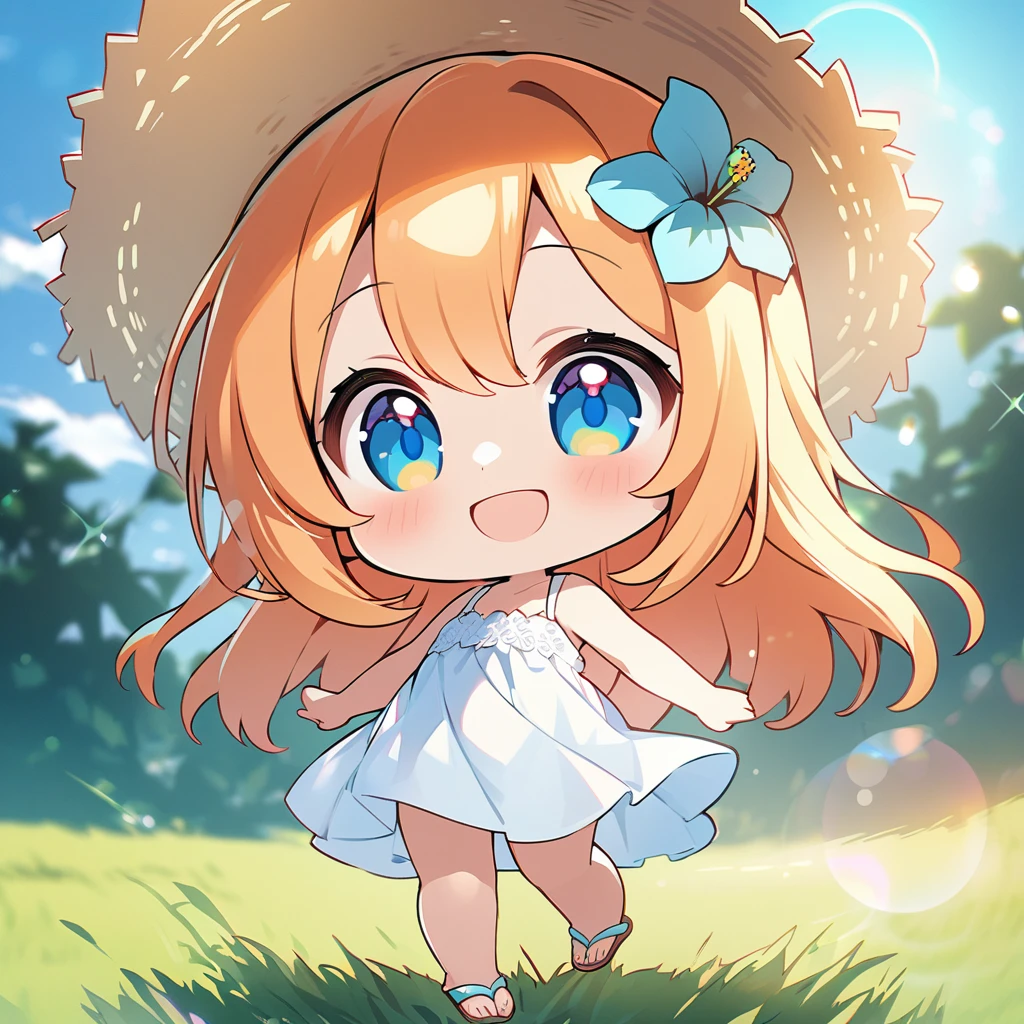 masterpiece, best quality, 4k、2D illustration, one beautiful girl, solo、(((chibi style)))、((vivid colors))、cute chibi, lovely chibi、((colorful))、((long beautiful hair)), glossy light orange hair, hair between eyes, cute, beautifully detailed eyes、((white summer dress))、((straw hat))、hibiscus hair ornament, flip-flops, ((happy smile))、((full body shot))、((summer grasslands))、((gentle breeze))、((blue sky))、sunbeam, white light, ((lens flare)), ((high color saturation)),