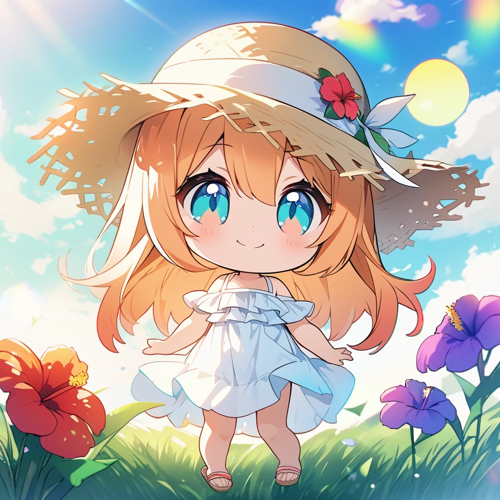 masterpiece, best quality, 4k、2D illustration, one beautiful girl, solo、(((chibi style)))、((vivid colors))、cute chibi, lovely chibi、((colorful))、((long beautiful hair)), glossy light orange hair, hair between eyes, cute, beautifully detailed eyes、((white summer dress))、((straw hat))、hibiscus hair ornament, flip-flops, ((happy smile))、((full body shot))、((summer grasslands))、((gentle breeze))、((blue sky))、sunbeam, white light, ((lens flare)), ((high color saturation)),