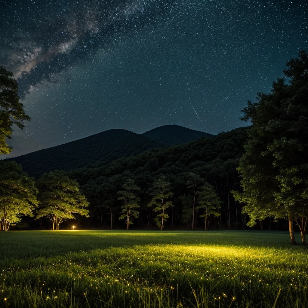 Quiet summer night、A scene with many fireflies dancing on a green meadow