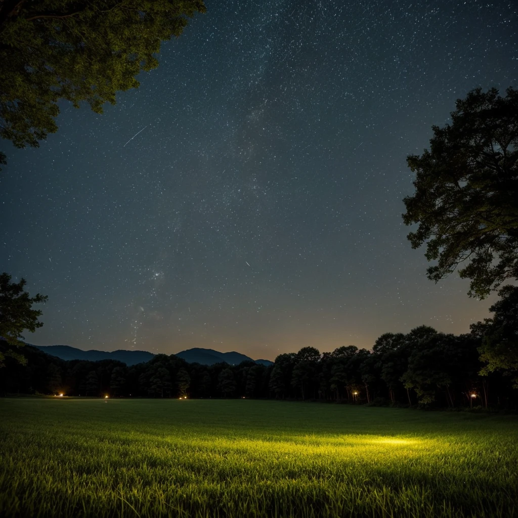 Quiet summer night、A scene with many fireflies dancing on a green meadow