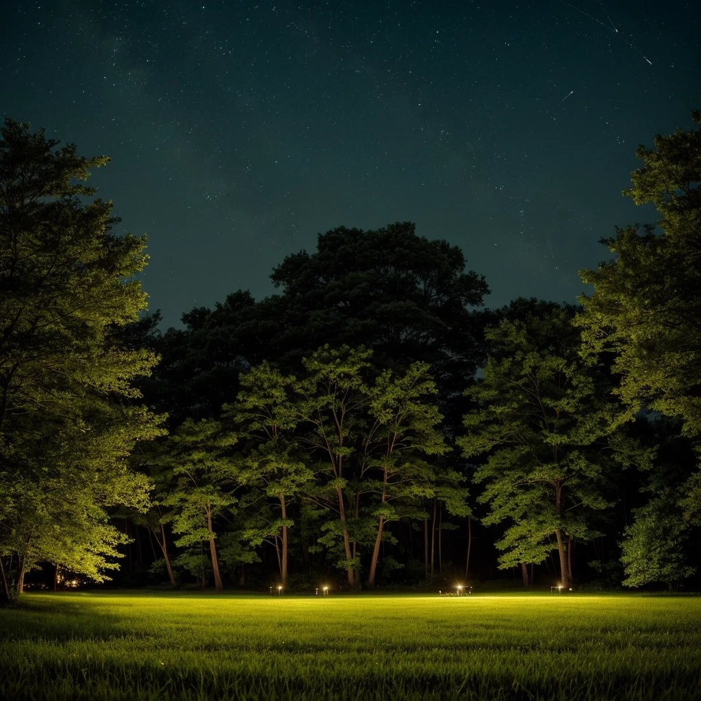 Quiet summer night、A scene with many fireflies dancing on a green meadow