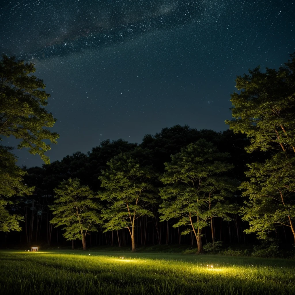 Quiet summer night、A scene with many fireflies dancing on a green meadow