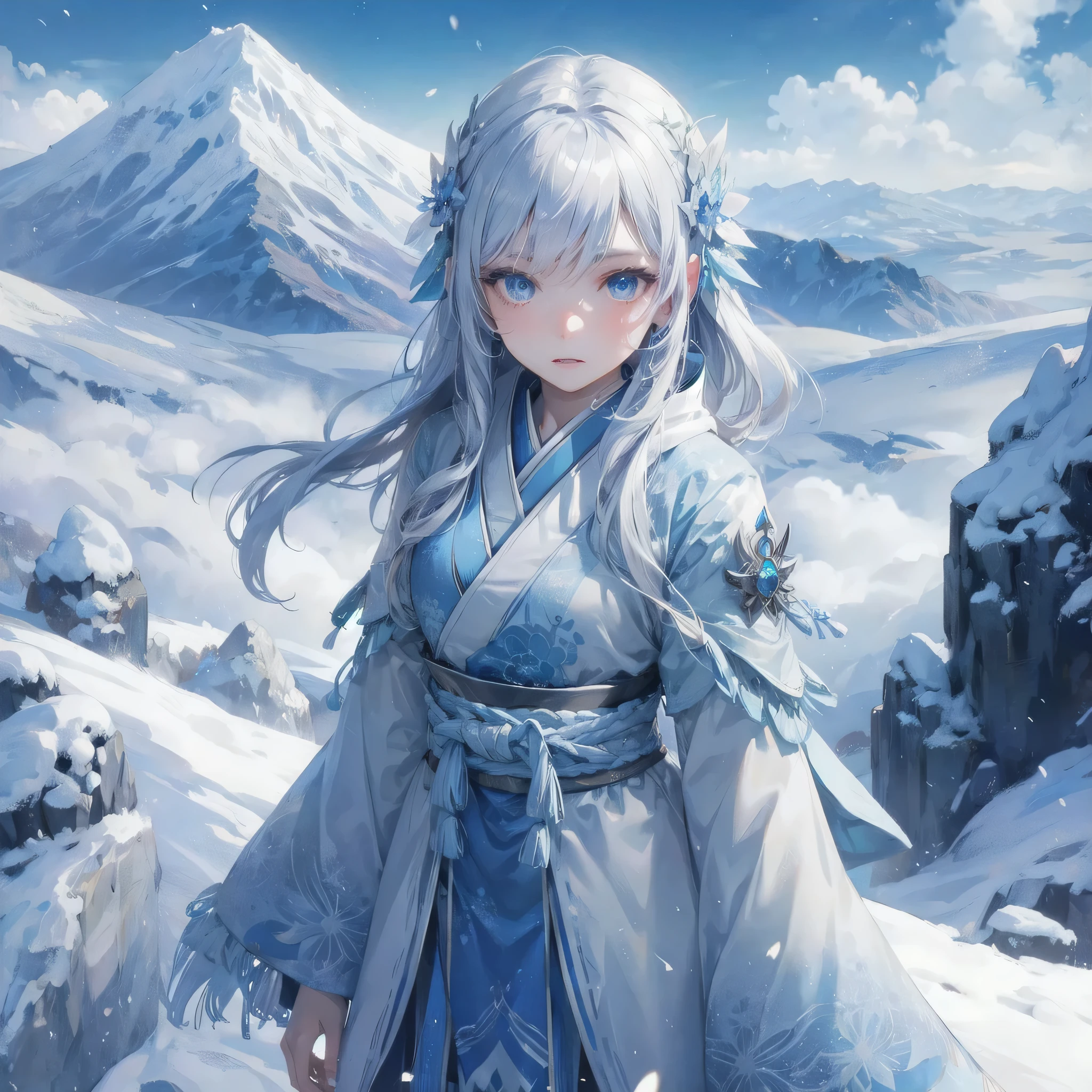 masterpiece, (textured skin), best quality, gorgeous beautiful, (a beautiful girl,yukionna,japanese snow fairy),detailed clothes,large breasts,narrow waist,, (beautiful face), cinematic lighting, (fantasy anime art ),