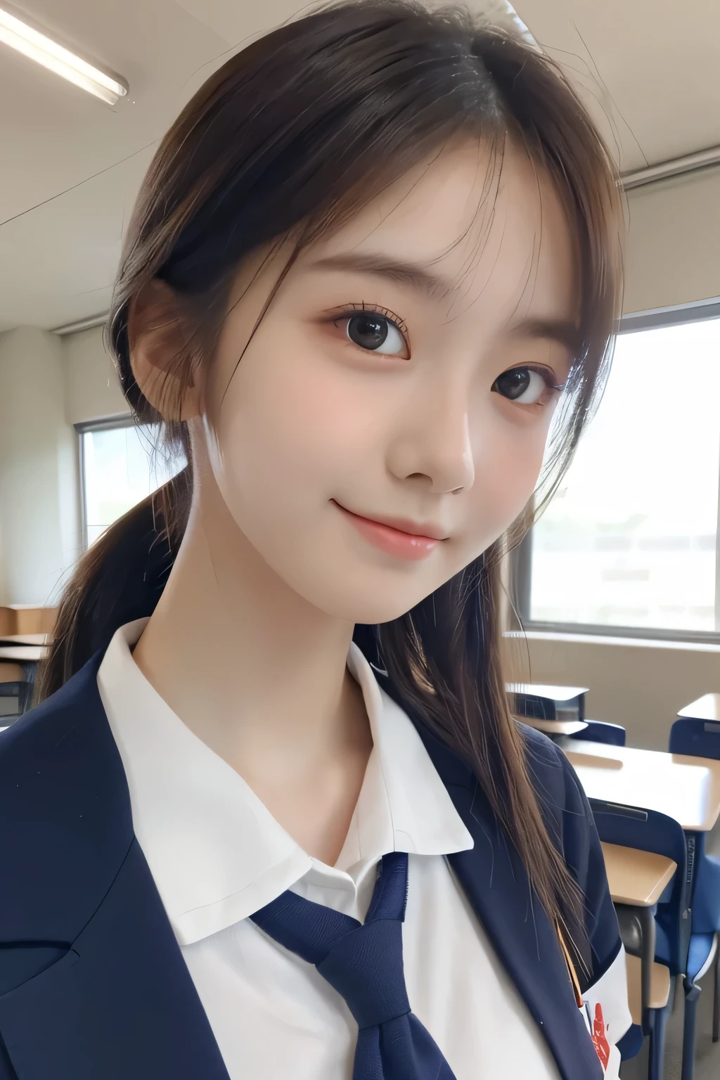 (Beautiful girl talking to a friend:1.4), 17 years old, (Highest quality:1.4), (Very detailed), (Very detailed美しい顔), Short sleeve, (school uniform:1.5), Great face and eyes, iris, ponytail, (Skinny body type:1.3), (Flat Chest:1.3), smile, Open your mouth, (A few classmates behind me:1.4), Smooth, Very detailed CG synthesis 8k wallpaper, High-resolution RAW color photos, Professional photography, Light, BackLight, dream-like, impressive, Written boundary depth, (Face close-up:1.4), (Shoot from the front:1.3), BREAK(School classroom:1.3)