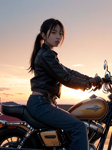 Japanese female, a lot of details, (underweight), 30 years old,masterpiece, best quality, cinematic photo of classic, Harley-Davidson, vintage car, glossy surface, wild west background, sunset, high resolution, photograph, film, highres