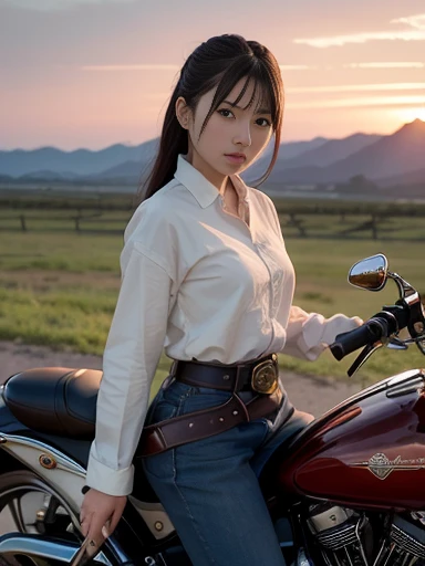 Japanese female, a lot of details, (underweight), 30 years old,masterpiece, best quality, cinematic photo of classic, Harley-Davidson, vintage car, glossy surface, wild west background, sunset, high resolution, photograph, film, highres