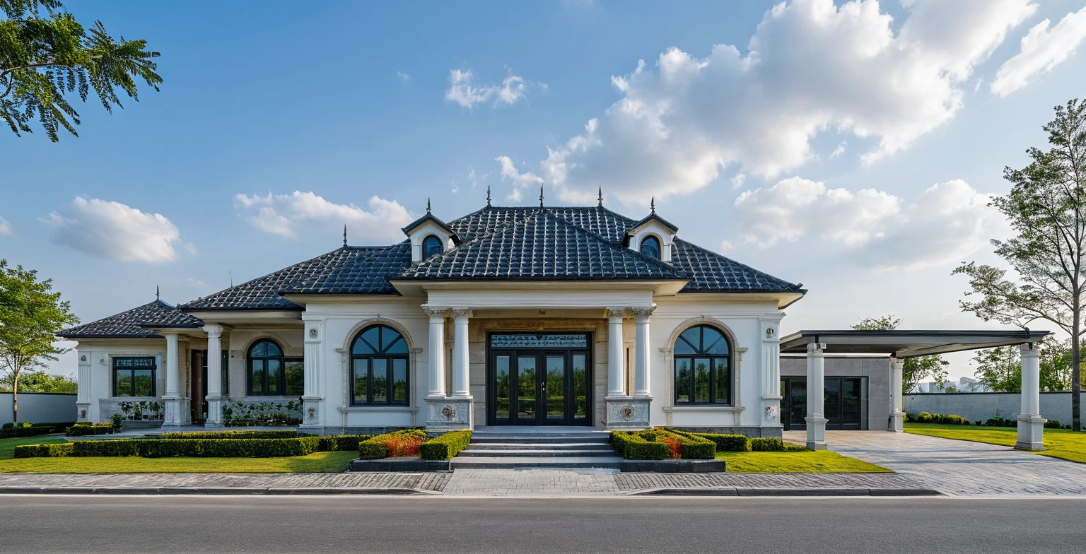 Masterpiece, high quality, best quality, authentic, realistic scene, super detail, outdoors, house on the street ,white wall, glass window, steel gate, road, pavement, grass, trees, sky, cloud, car (daylight:1.1)