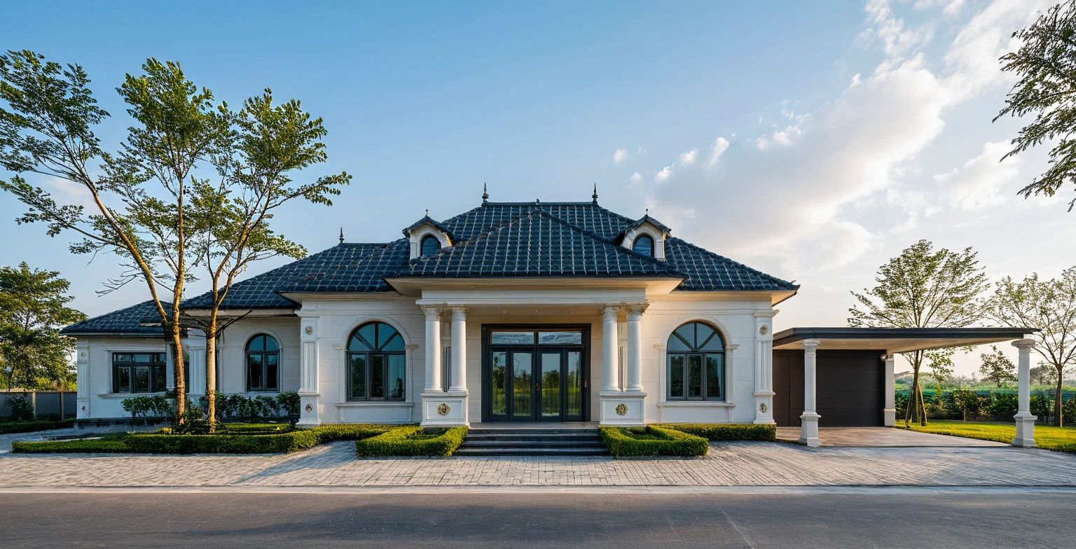 Masterpiece, high quality, best quality, authentic, realistic scene, super detail, outdoors, house on the street ,white wall, glass window, steel gate, road, pavement, grass, trees, sky, cloud, car (daylight:1.1)