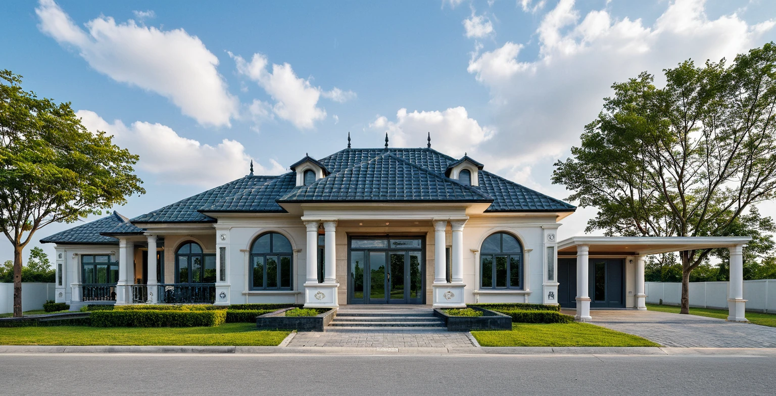 Masterpiece, high quality, best quality, authentic, realistic scene, super detail, outdoors, house on the street ,white wall, glass window, steel gate, road, pavement, grass, trees, sky, cloud, car (daylight:1.1)