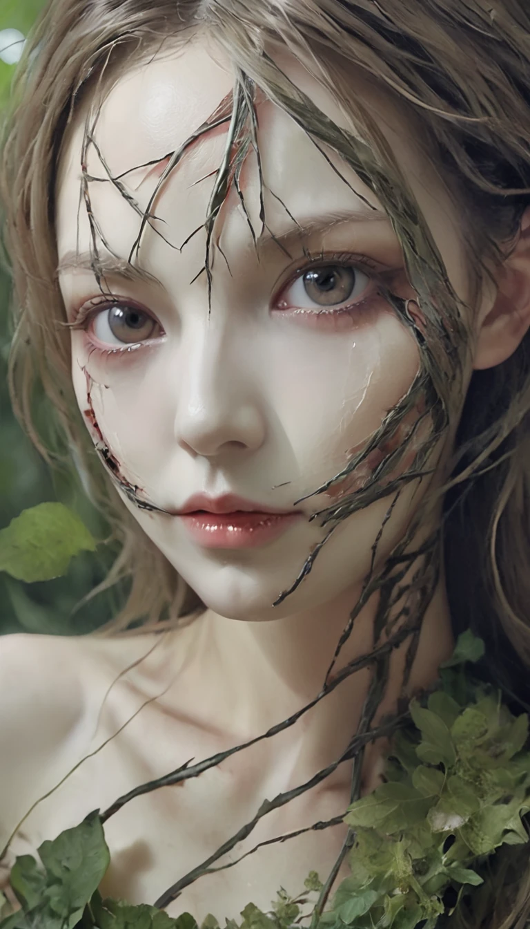 Close up laceration face Girl made of dead plants, ((( laceration face)))