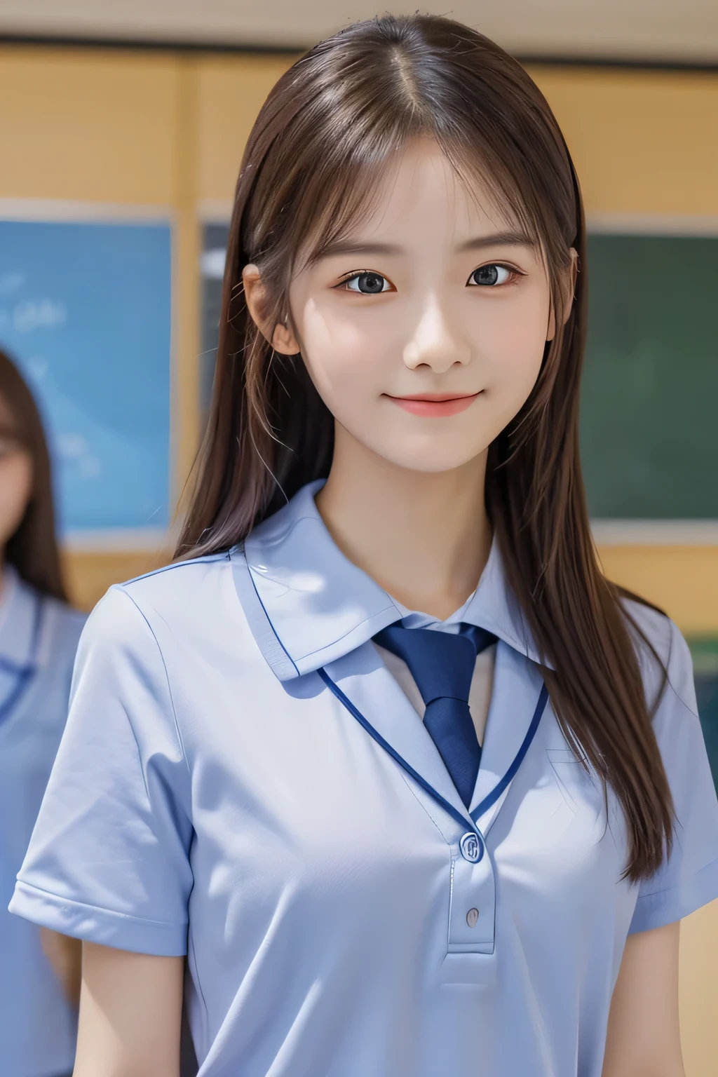 (Beautiful girl talking to a friend:1.4), 17 years old, (Highest quality:1.4), (Very detailed), (Very detailed美しい顔), Short sleeve, (school uniform:1.5), Great face and eyes, iris, ponytail, (Skinny body type:1.3), (Flat Chest:1.3), smile, Open your mouth, (A few classmates behind me:1.4), Smooth, Very detailed CG synthesis 8k wallpaper, High-resolution RAW color photos, Professional photography, Light, BackLight, dream-like, impressive, Written boundary depth, (Face close-up:1.4), (Shoot from the front:1.3), BREAK(School classroom:1.3)