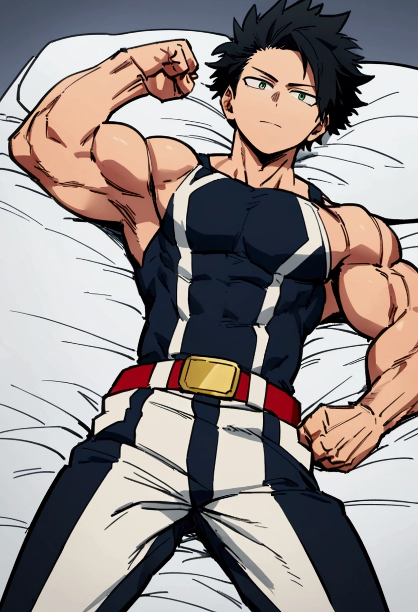  He is a 17 year old teenager, He has slightly disheveled very black hair..., somewhat light green eyes, (front angle ) , muscular body , sexy face, He is dressed in the anime uniform. "my hero academia", without the shirt, just wearing Boku no Hero uniform pants, lying in your bed, flexing your muscles 