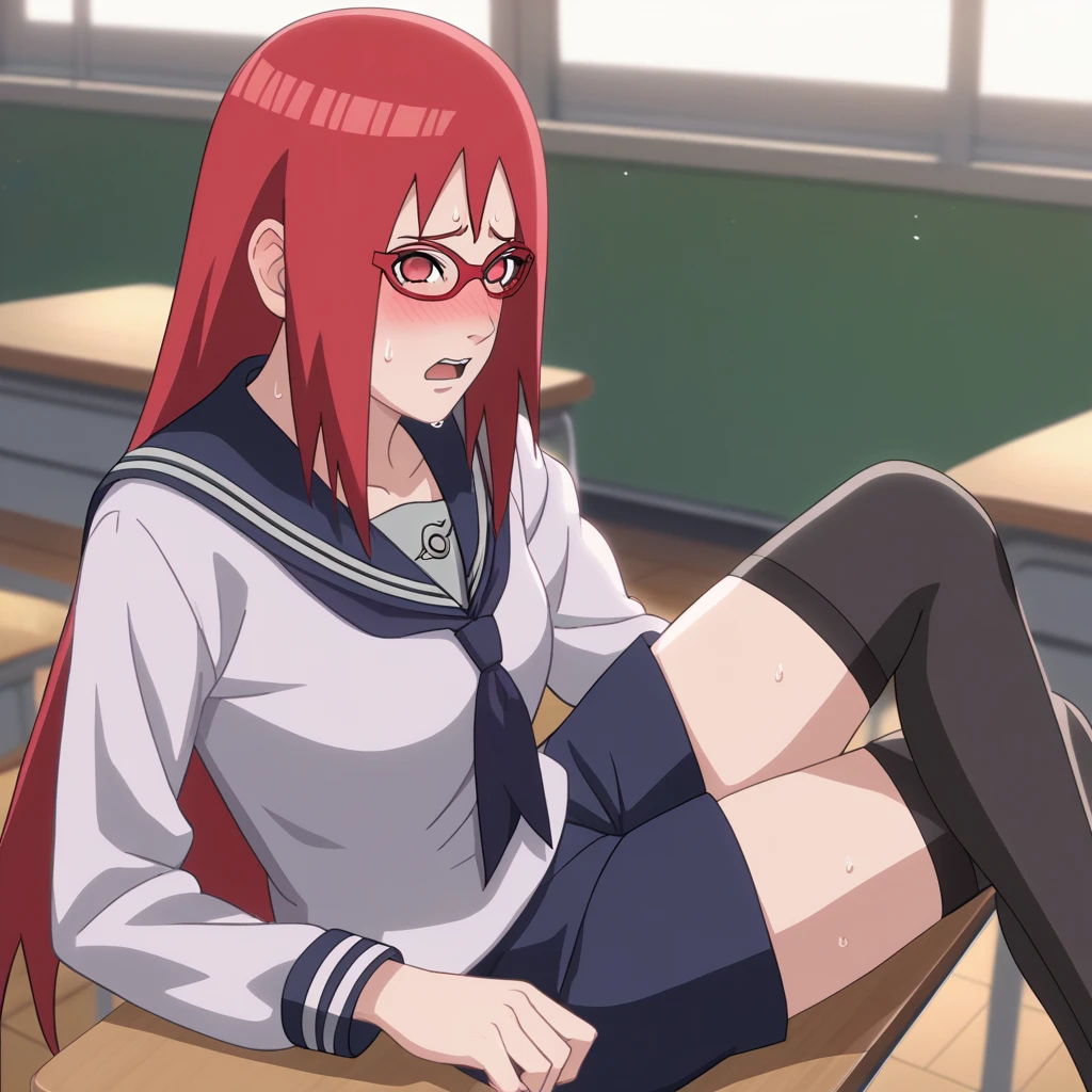 Red hair, 1 Girl, Glasses, Long hair, Red Eyes, Solitary, Sailor Suit, Black over-the-knee stockings, Black shorts, Umbilical cord, Looking at the audience，No students, Japanese cartoons screencap, Japanese cartoons coloring,src_Japanese cartoons,Naruto \(series\), Naruto shippuuden,（（blush，nervous，Vision，classroom，bookshelf，sit on the chair，））masterpiece， absurd ， （Intricate details）， （Colorful）， light， Extremely detailed CG Unity 8k wallpaper ，1 Girl， solo，（shy，classroom，night，blush，nervous，Sweating，蕾丝dress， ），sweat，blush，blush1.5，Blush，Medium chest，（（dress，Black stockings，）），（dress，Lying in bed，Uncomfortable expression，Mouth open，spit）