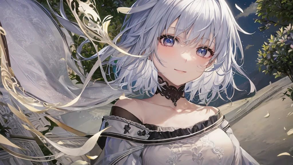 Ultra HD,Look at the viewers, Put your hands behind your back, With a girl, 20-year-old, 非常にShort Hair, Long bangs between the eyes, Pale blue eyes, Very detailed,(masterpiece、Highest quality),Gray Hair、Laughter、Fantastic, Silver Hair, Iris, Short hair、 Fluttering Hair、Small Face、明るいsmile、(Detailed face) ,Professional Lighting,Wonderful landscape,blue sky, sunlight,Looking down from above,Portraiture、Open your mouth、Flower Field、Her eyes were shining、Mysterious and enchanting atmosphere。With AI Painting、とてもShort Hair, Long bangs between the eyes, Very detailed,(masterpiece、Highest quality)、alone、Gray Hair、Fantasy, Silver Hair, Fantasyな風景、smile、Open your mouth、short hair、Short Hair、hairpin、black eye、Grey Eyes、Beautiful Eyes、Black Shirt、White hoodie