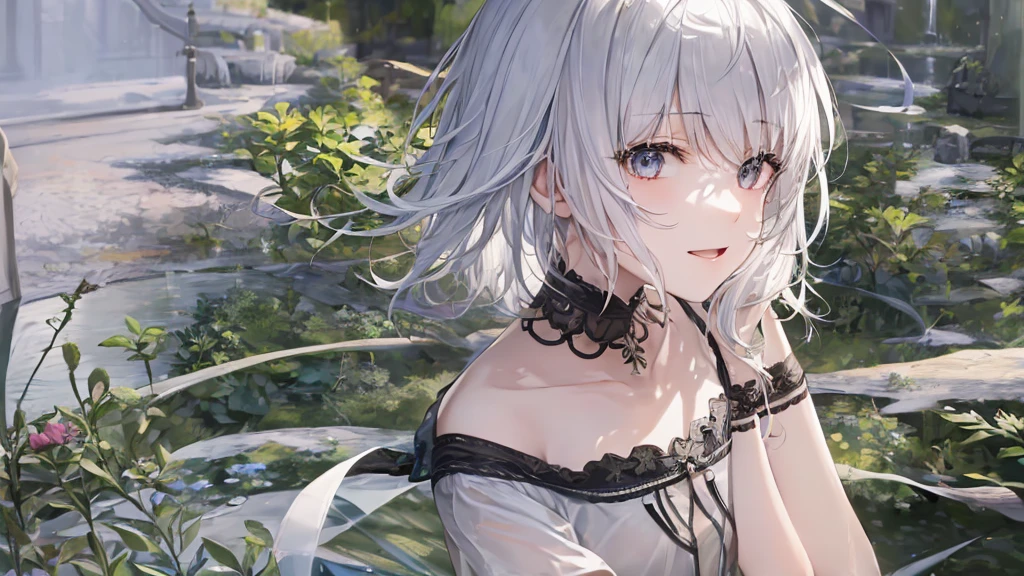 Ultra HD,Look at the viewers, Put your hands behind your back, With a girl, 20-year-old, 非常にShort Hair, Long bangs between the eyes, Pale blue eyes, Very detailed,(masterpiece、Highest quality),Gray Hair、Laughter、Fantastic, Silver Hair, Iris, Short hair、 Fluttering Hair、Small Face、明るいsmile、(Detailed face) ,Professional Lighting,Wonderful landscape,blue sky, sunlight,Looking down from above,Portraiture、Open your mouth、Flower Field、Her eyes were shining、Mysterious and enchanting atmosphere。With AI Painting、とてもShort Hair, Long bangs between the eyes, Very detailed,(masterpiece、Highest quality)、alone、Gray Hair、Fantasy, Silver Hair, Fantasyな風景、smile、Open your mouth、short hair、Short Hair、hairpin、black eye、Grey Eyes、Beautiful Eyes、Black Shirt、White hoodie