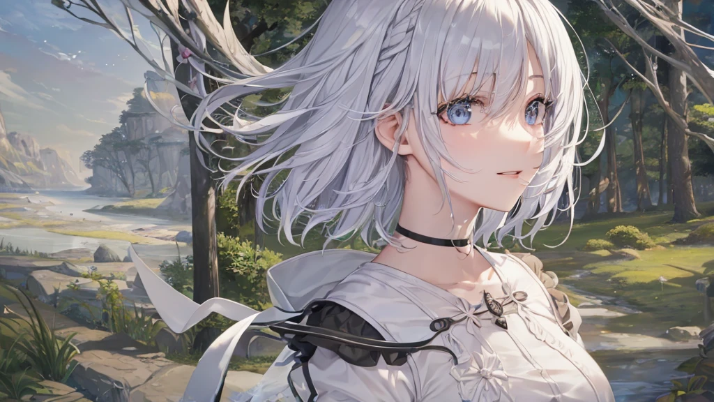 Ultra HD,Look at the viewers, Put your hands behind your back, With a girl, 20-year-old, 非常にShort Hair, Long bangs between the eyes, Pale blue eyes, Very detailed,(masterpiece、Highest quality),Gray Hair、Laughter、Fantastic, Silver Hair, Iris, Short hair、 Fluttering Hair、Small Face、明るいsmile、(Detailed face) ,Professional Lighting,Wonderful landscape,blue sky, sunlight,Looking down from above,Portraiture、Open your mouth、Flower Field、Her eyes were shining、Mysterious and enchanting atmosphere。With AI Painting、とてもShort Hair, Long bangs between the eyes, Very detailed,(masterpiece、Highest quality)、alone、Gray Hair、Fantasy, Silver Hair, Fantasyな風景、smile、Open your mouth、short hair、Short Hair、hairpin、black eye、Grey Eyes、Beautiful Eyes、Black Shirt、White hoodie
