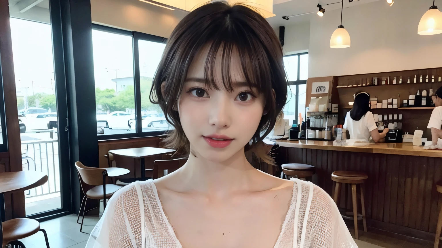 super high quality, Slenderのネックレス, Slender, Gravure photoshoot, The staff is working at the counter in the back., (8k、RAW Photos、Highest quality、masterpiece:1.2), Brown Hair, Stylish café, (Realistic、Photorealistic:1.37), Beautiful Face , Mesh Hair, Urban Cafe, Golden Ratio, Raw photo, Small breasts, Bright cafe interior, Blurred Background, Famous actress, Summer clothes, Photographed inside the cafe, Hair blowing in the wind, Neat clothes, Very Short Hair, Cool older sister, Stylish clothes, 
