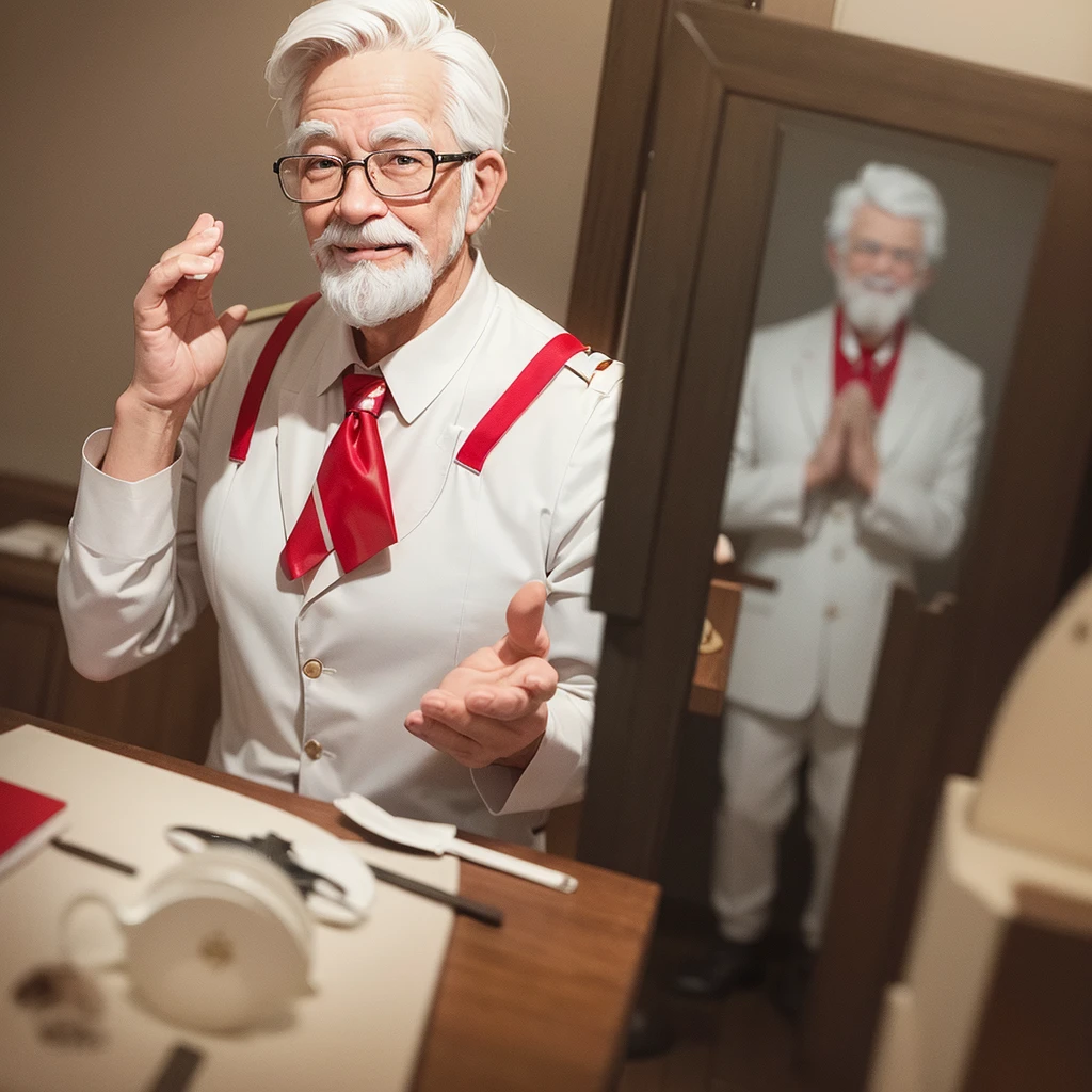 Create a realistic 3D model of Colonel Harland David Sanders from KFC, made entirely from ceramic. The model should depict Colonel Sanders with a smiling face, approximately 40 years old, wearing the traditional KFC uniform. He should be in a traditional wai (hands in prayer) gesture. Ensure the model has detailed features, capturing the essence of his character, with a glossy ceramic finish.