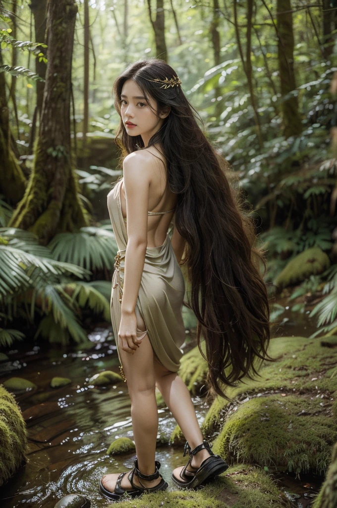 (((best quality))),(((ultra detailed))),(((masterpiece))),illustration, A girl dressed as a primitive cavewoman stands boldly in the heart of a dark forest, her long unkempt hair flowing down her back, bronze skin tone, intense piercing eyes, and animal-skin attire highlighting herConnection with nature and resilience. She holds a freshly picked flower, embodying life and beauty amidst the darkness. The primitive outfit, survival knife, and furry shoes symbolize her strength, independence, and adaptation to the forest environment. The eerie and enchanting forest, with moss-covered rocks, gurgling streams, and towering trees, forms a captivating backdrop. Sunlight filters through the canopy, casting an ethereal glow. This illustration Invokes a sense of awe andCuriosity, allowing the viewer to imagine a world where humans lived in harmony with nature. The girl's bold presence andConnection with the ancient past capture the indomitable spirit of adventure. 1girl, primitive cavewoman, long unkempt hair, bronze skin tone, intense piercing eyes, animal-skin attire, survival knife, furry shoes, freshly picked flower,Connection with nature, resilience, strength, independence, adaptation, forest environment, eerie enchanting forest, moss-covered rocks, gurgling streams, towering trees, sunlight, ethereal glow, awe,Curiosity, ancient past, indomitable spirit of adventure