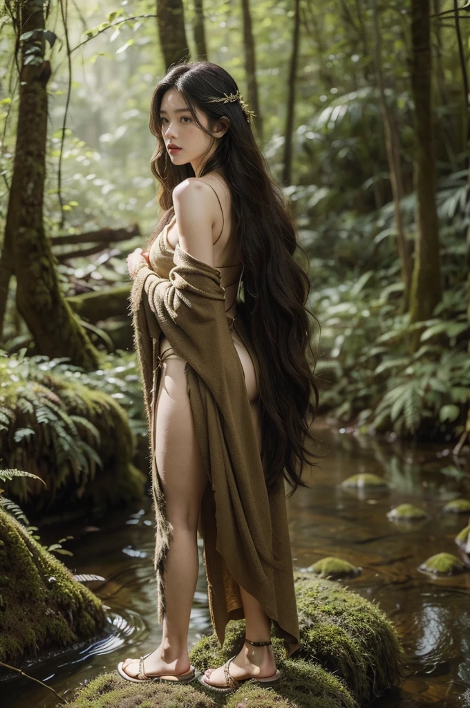 (((best quality))),(((ultra detailed))),(((masterpiece))),illustration, A girl dressed as a primitive cavewoman stands boldly in the heart of a dark forest, her long unkempt hair flowing down her back, bronze skin tone, intense piercing eyes, and animal-skin attire highlighting herConnection with nature and resilience. She holds a freshly picked flower, embodying life and beauty amidst the darkness. The primitive outfit, survival knife, and furry shoes symbolize her strength, independence, and adaptation to the forest environment. The eerie and enchanting forest, with moss-covered rocks, gurgling streams, and towering trees, forms a captivating backdrop. Sunlight filters through the canopy, casting an ethereal glow. This illustration Invokes a sense of awe andCuriosity, allowing the viewer to imagine a world where humans lived in harmony with nature. The girl's bold presence andConnection with the ancient past capture the indomitable spirit of adventure. 1girl, primitive cavewoman, long unkempt hair, bronze skin tone, intense piercing eyes, animal-skin attire, survival knife, furry shoes, freshly picked flower,Connection with nature, resilience, strength, independence, adaptation, forest environment, eerie enchanting forest, moss-covered rocks, gurgling streams, towering trees, sunlight, ethereal glow, awe,Curiosity, ancient past, indomitable spirit of adventure