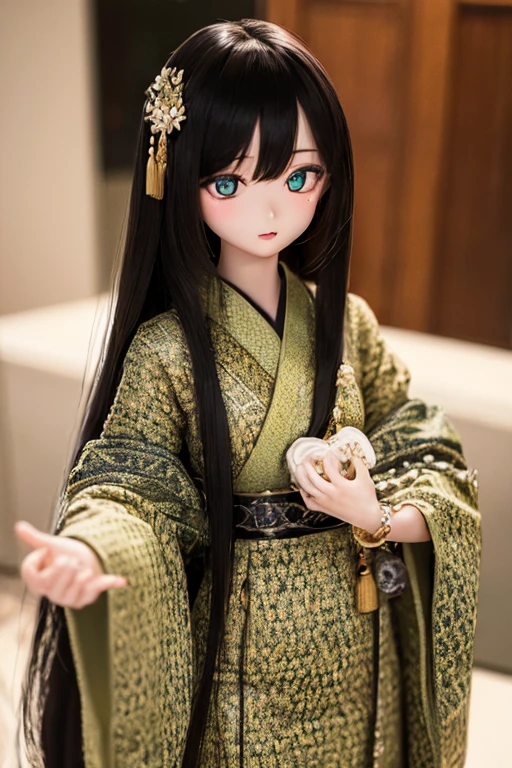 (SFW:2), photorealistic, realistic photo, ((highest quality)), ((masterpiece)), ((extremely detailed)), kukolnydom, doll, (mature woman, 20yo, 20 years old:1.6), solo, ((cowboy shot, standing, skinny, slender, slim, kimono, obi, hair ornament)), green eyes, parted lips, (black hair, long hair, looking at another, blank eyes, empty eyes, detailed eyes, detailed clothes:1.3), Japanese garden, 8k