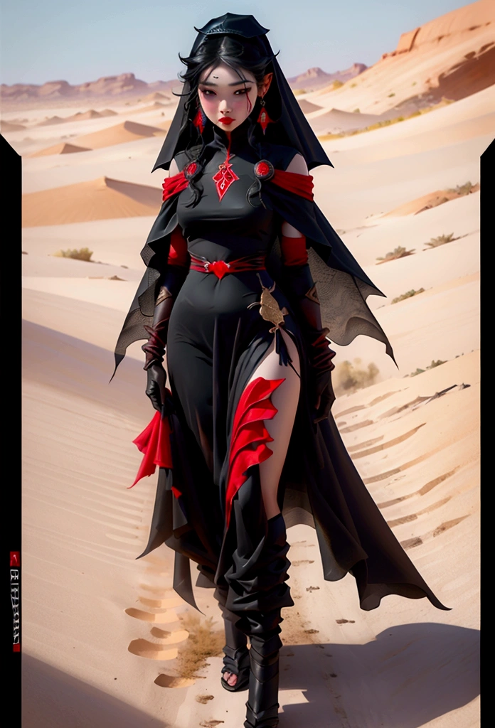 Draw an exotic girl，Red dress and veil, black straight hair walking in the desert