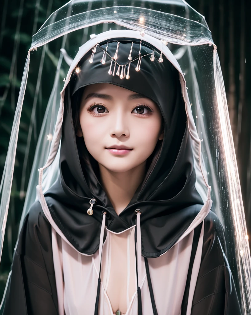 (Highest quality, 32K, High resolution, Masterpiece:1.5, ), marimo_jet, god々A photograph with brilliant dazzling and healing power., Evoking a sense of calm and elusive beauty, Expressing emotions, Have a rich imagination, Beautiful Japanese Girls, An exceptionally beautiful face, Small Face Beauty, Perfect Human Anatomy, Magical big eyes, Motherhood and generosity, Deep Love, fleeting smile, Shiny black hair, Asymmetrical bangs, Hair between the eyes, Transparent, soft white skin, Sharp eyebrows, Thin lashes, Natural Makeup, Cheek highlighter, Pale pink detailed lips, ((Black hooded raincoat:1.5)), ((Dark Room:1.2)), god秘的