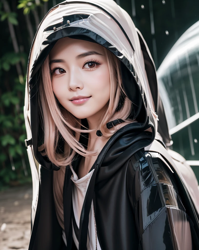 (Highest quality, 32K, High resolution, Masterpiece:1.5, ), marimo_jet, god々A photograph with brilliant dazzling and healing power., Evoking a sense of calm and elusive beauty, Expressing emotions, Have a rich imagination, Beautiful Japanese Girls, An exceptionally beautiful face, Small Face Beauty, Perfect Human Anatomy, Magical big eyes, Motherhood and generosity, Deep Love, fleeting smile, Shiny black hair, Asymmetrical bangs, Hair between the eyes, Transparent, soft white skin, Sharp eyebrows, Thin lashes, Natural Makeup, Cheek highlighter, Pale pink detailed lips, ((Black hooded raincoat:1.5)), ((Dark Room:1.2)), god秘的