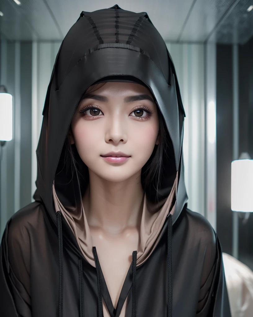 (Highest quality, 32K, High resolution, Masterpiece:1.5, ), marimo_jet, god々A photograph with brilliant dazzling and healing power., Evoking a sense of calm and elusive beauty, Expressing emotions, Have a rich imagination, Beautiful Japanese Girls, An exceptionally beautiful face, Small Face Beauty, Perfect Human Anatomy, Magical big eyes, Motherhood and generosity, Deep Love, fleeting smile, Shiny black hair, Asymmetrical bangs, Hair between the eyes, Transparent, soft white skin, Sharp eyebrows, Thin lashes, Natural Makeup, Cheek highlighter, Pale pink detailed lips, ((Black hooded raincoat:1.5)), ((Dark Room:1.2)), god秘的