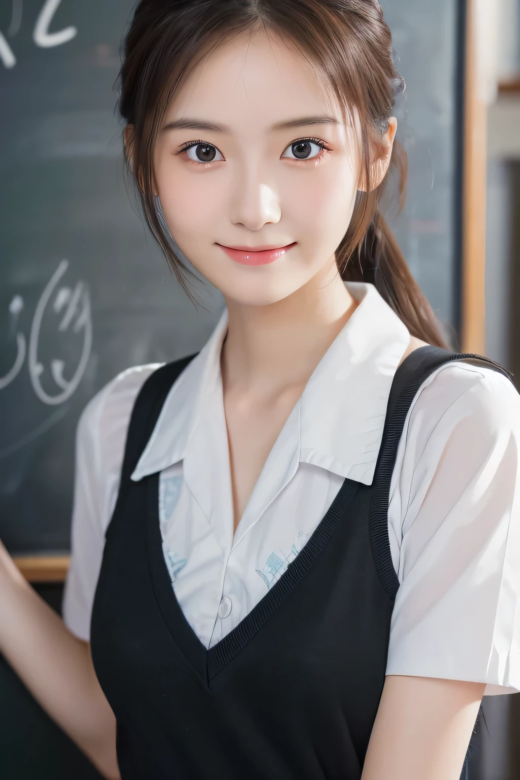 (Beautiful  drawing on a blackboard:1.4), , (Highest quality:1.4), (Very detailed), (Very detailed美しい顔), Short sleeve, (school uniform:1.5), Great face and eyes, iris, ponytail, The Beauty of Japan, (Skinny body type:1.3), (Flat Chest:1.3), smile, Open your mouth, (Scribbled blackboard:1.4), Smooth, Very detailed CG synthesis 8k wallpaper, High-resolution RAW color photos, Professional photography, Light, BackLight, dream-like, impressive, Written boundary depth, (Face close-up:1.4), (Shooting from behind:1.3), BREAK(School classroom:1.3)