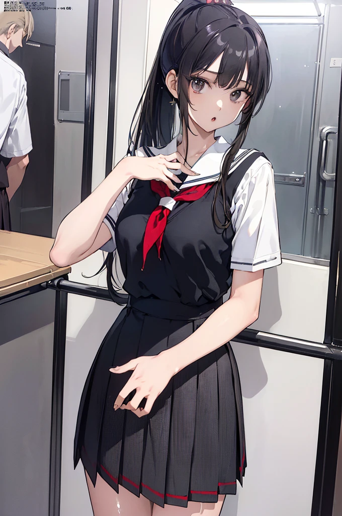 (masterpiece:1.4),(detailed:1.4),(illustration:1.4),(High resolution:1.5),(soro 21 years old),(anime style),(gwaites style artwork),(close set eyes),(She shook her high ponytail black shoulder length hair:1.2),((tareme:1.4)),(pointed nose),(pointy medium breasts),(medium ass,slim body),(deep detailed eyes),(sparkling eyes),(Composition from the front),((long legs;1.5)),((standing1.5)),((:o 1.5)),((pubic hair:1.2)),((fashion magazine:1.5)),((glistening skin:1.4)),((:o:1.5)),,(RAW Photos:1.4),((revealing clothes:1.5)),((park:1.5)),((hand orn hip:1.4)),((school uniform:1.5)),(in crowded train, Standing with back by the closed door)