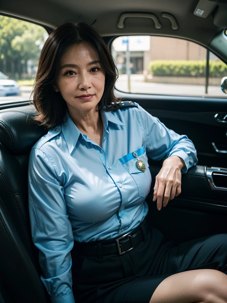 (masterpiece:1.4),(58-year-old woman:1.5),(facial wrinkles 1.2), mid-length hair, smirking, Mature Woman, (police uniform : 1.3), (light blue shirt, black pants, breast pocket, black-belt, police badge), sitting in a car