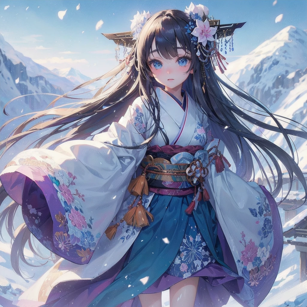 masterpiece, (textured skin), best quality, gorgeous beautiful, (a beautiful girl,yukionna,japanese snow fairy),detailed clothes,large breasts,narrow waist,, (beautiful face), cinematic lighting, (fantasy anime art ),