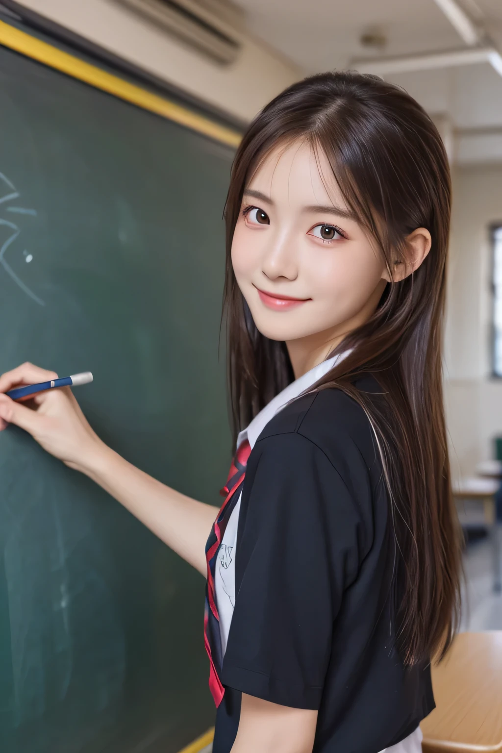 (Beautiful  drawing on a blackboard:1.4), , (Highest quality:1.4), (Very detailed), (Very detailed美しい顔), Short sleeve, (school uniform:1.5), Great face and eyes, iris, ponytail, The Beauty of Japan, (Skinny body type:1.3), (Flat Chest:1.3), smile, Open your mouth, (Scribbled blackboard:1.4), Smooth, Very detailed CG synthesis 8k wallpaper, High-resolution RAW color photos, Professional photography, Light, BackLight, dream-like, impressive, Written boundary depth, (Face close-up:1.4), (Shooting from behind:1.3), BREAK(School classroom:1.3)