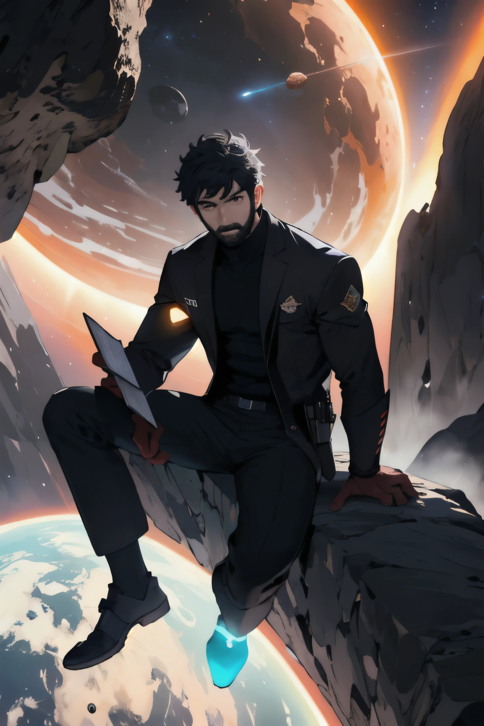Draw a young programmer, sitting on a research platform floating in the middle of an asteroid belt. He is studying with a notebook, surrounded by several asteroids glowing with fiery auras. Dramatic lighting from distant stars and planets illuminates the scene, casting deep shadows on the suit. The young man looks confident and determined, looking at the vast and mysterious universe with wonder and respect,facial hair, cowboy shot,