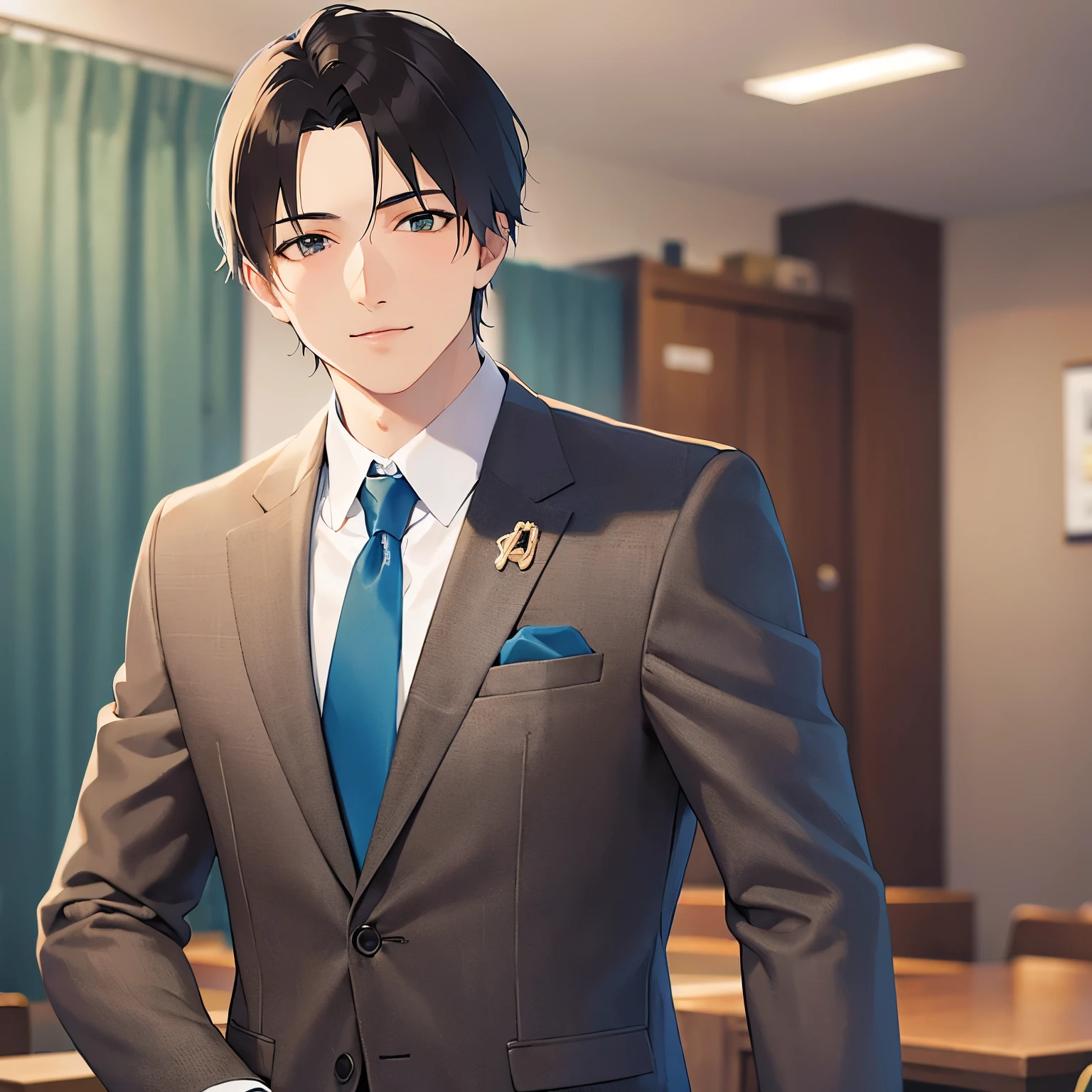 upper body、masterpiece、Highest quality、(25-year-old male:1.5) and (Brown short hair) and (Green Eyes), (suit:1.5) and (Blue tie)、smile, The background is the conference room、(Alone:1.5)、Upper body is shown、Are standing