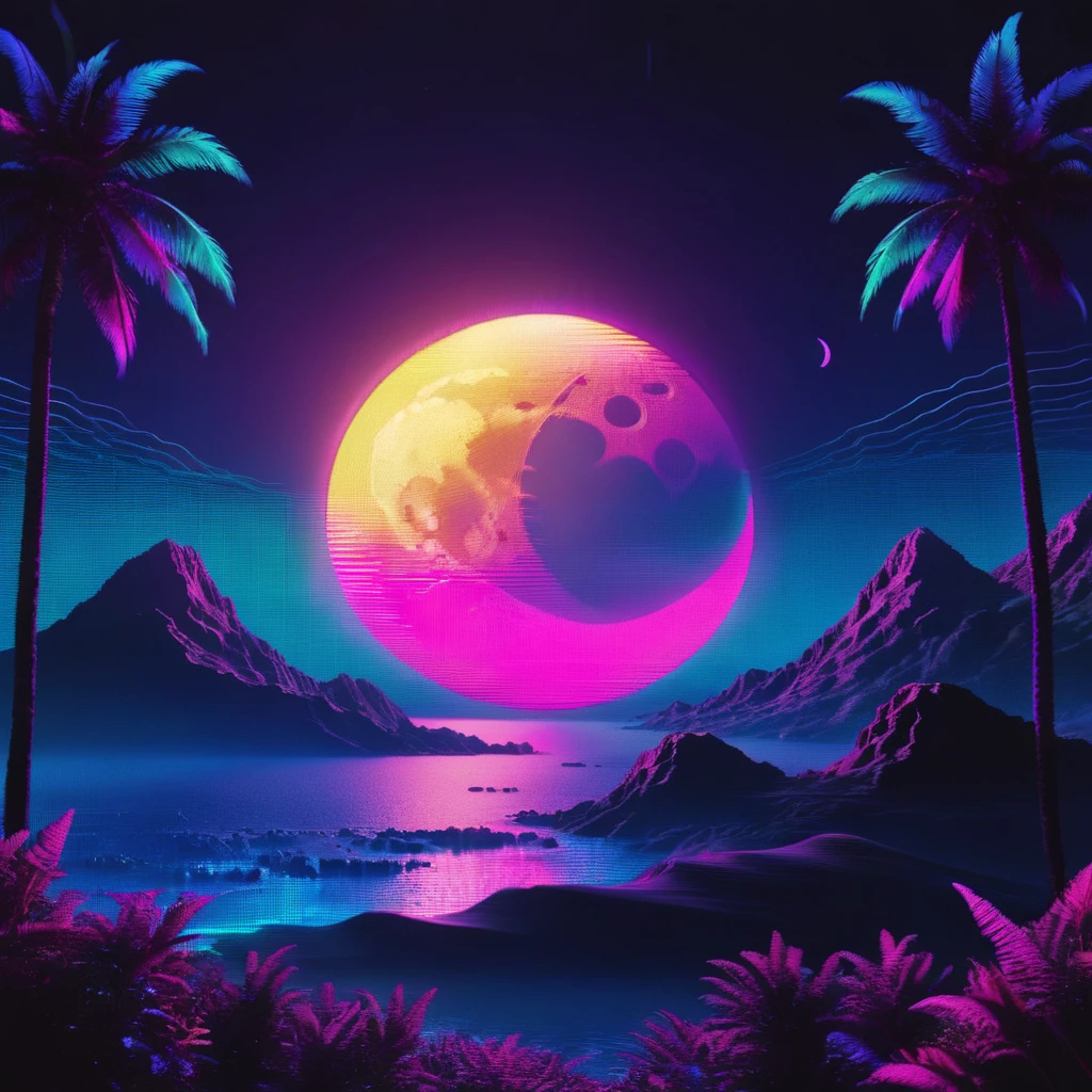 record,Vaporwave aesthetic style, Synthwave,moon