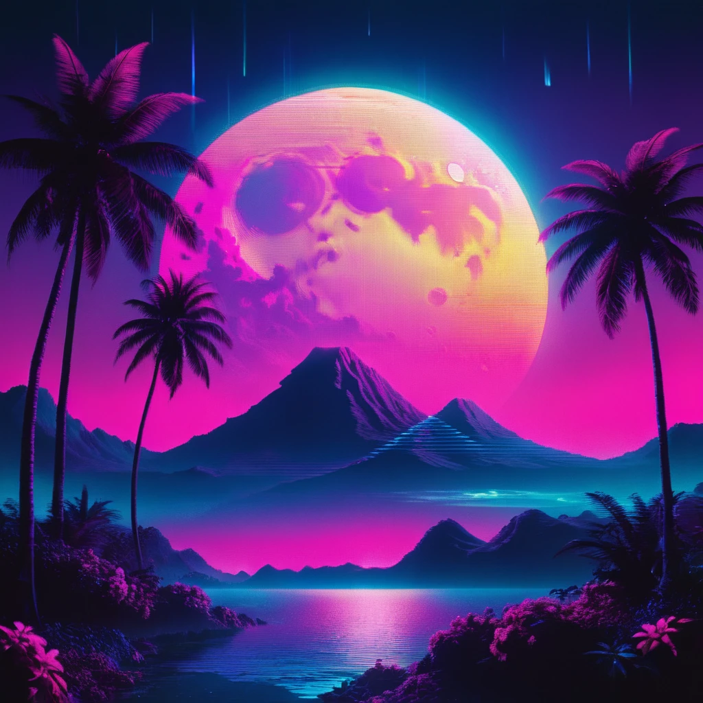 record,Vaporwave aesthetic style, Synthwave,moon