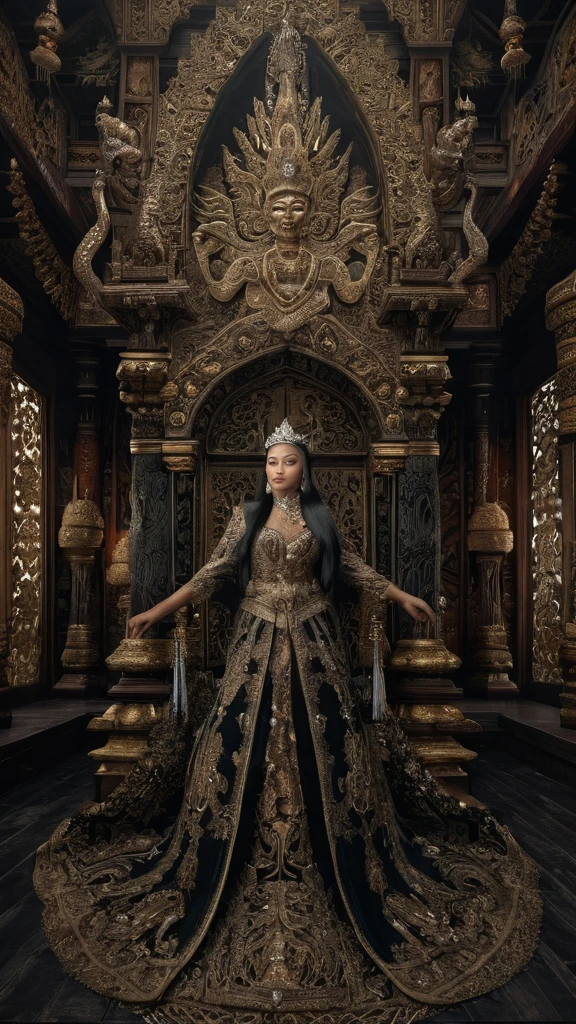 high detail, best quality, 8k, [very detailed], masterpiece, best quality, (very detailed), ultra wide shot, photorealistic, image of a Javanese empress wearing a Javanese royal gown (intricate detail, Masterpiece, best quality: 1.5 ), holding a royal scepter (intricate detail, Masterpiece, best quality: 1.5), wearing a crown with 12 stars (intricate detail, Masterpiece, best quality: 1.5), standing in front of the Javanese royal palace (intricate detail, Masterpiece, best quality: 1.5), black hair, long hair, flowing hair, sharp eyes, dynamic light, from the front, [[12 stars in the background]], best quality, high resolution, ultra wide angle