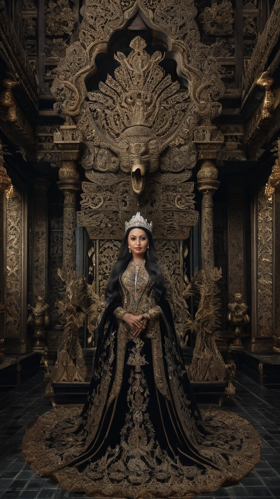 high detail, best quality, 8k, [very detailed], masterpiece, best quality, (very detailed), ultra wide shot, photorealistic, image of a Javanese empress wearing a Javanese royal gown (intricate detail, Masterpiece, best quality: 1.5 ), holding a royal scepter (intricate detail, Masterpiece, best quality: 1.5), wearing a crown with 12 stars (intricate detail, Masterpiece, best quality: 1.5), standing in front of the Javanese royal palace (intricate detail, Masterpiece, best quality: 1.5), black hair, long hair, flowing hair, sharp eyes, dynamic light, from the front, [[12 stars in the background]], best quality, high resolution, ultra wide angle