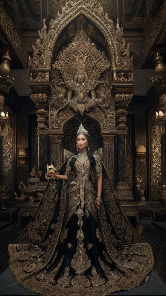 high detail, best quality, 8k, [very detailed], masterpiece, best quality, (very detailed), ultra wide shot, photorealistic, image of a Javanese empress wearing a Javanese royal gown (intricate detail, Masterpiece, best quality: 1.5 ), holding a royal scepter (intricate detail, Masterpiece, best quality: 1.5), wearing a crown with 12 stars (intricate detail, Masterpiece, best quality: 1.5), standing in front of the Javanese royal palace (intricate detail, Masterpiece, best quality: 1.5), black hair, long hair, flowing hair, sharp eyes, dynamic light, from the front, [[12 stars in the background]], best quality, high resolution, ultra wide angle