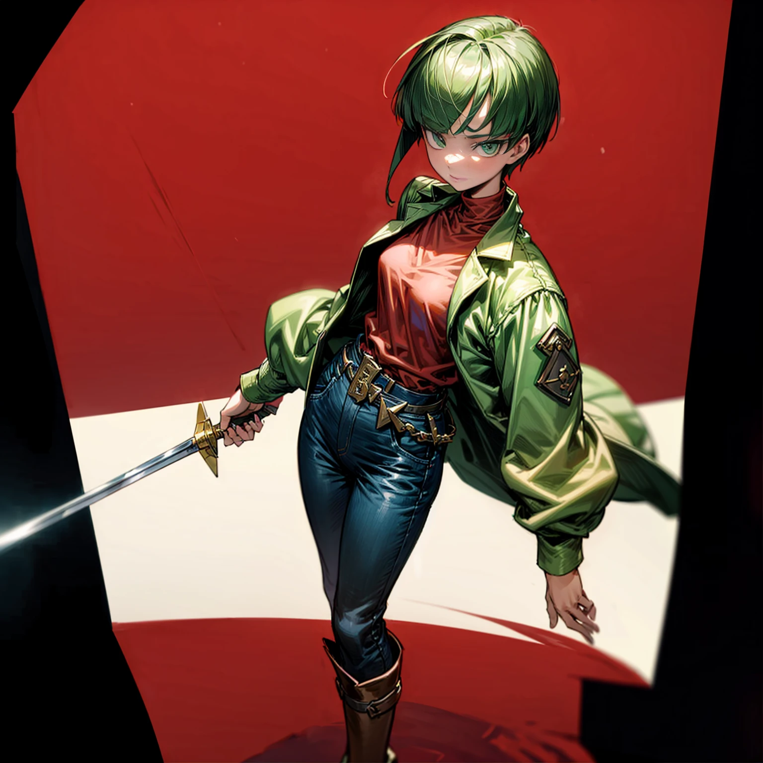 1girl, Full body version, 1character, green eyes, short haircut, green color hair, soldier style clothing, red colour clothing, jacket, jeans, belt, boots, Grassroots, background street city, motion blur, (detective conan style art), standing gesture, sword in hand