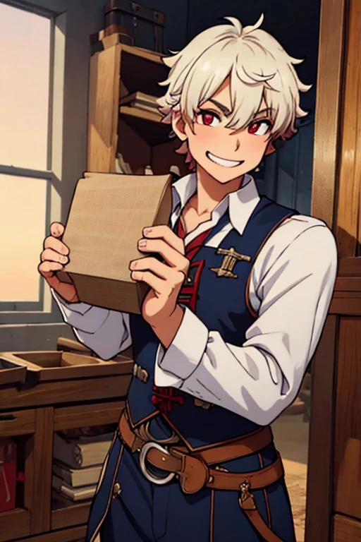 Perfect face. Perfect hands. A young white haired man with red eyes in a Gothic sheriff's uniform is exploring an outlaw's den in a the wild west with a big smile