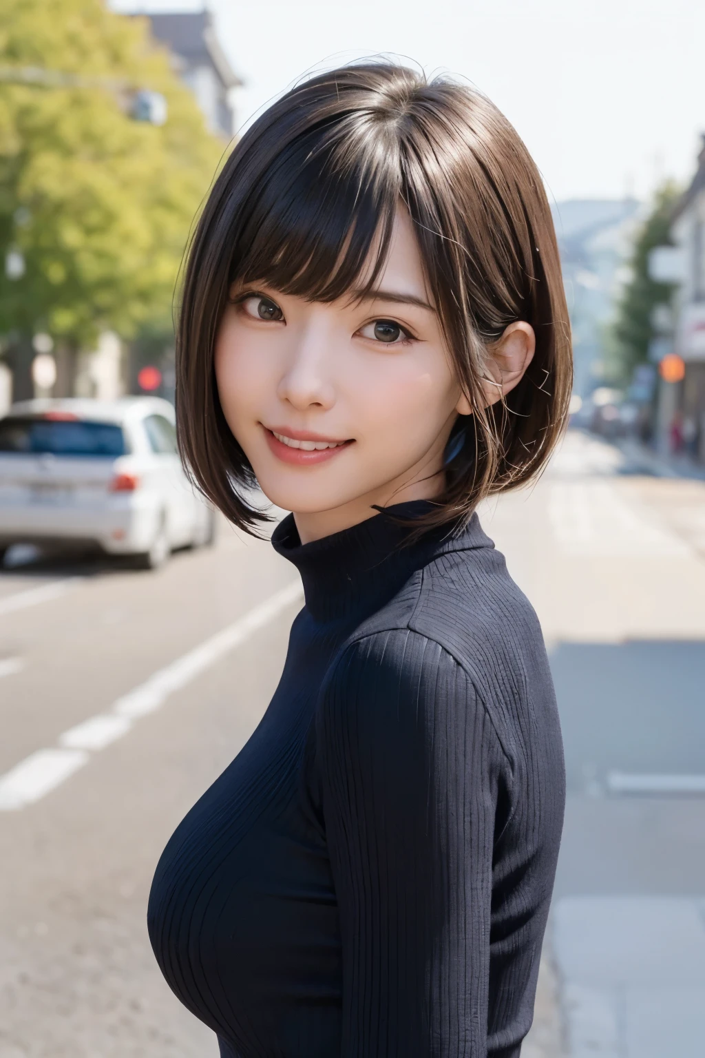 (masterpiece, Highest quality),One Girl, solo, hyper Realistic, Realistic,Realistic, Looking at the audience, Light brown eyes:1.4,Brunette Short Bob Hair with highly detailed shiny hair, Brightly colored winter clothes, Lepangas:1.4), Plein Air, Mouth closed, Upper body、big chest eye、Eyelashes、{huge|big chest|hugeな|Mega} chest:2, chestの谷間:2、{gigantic|big|huge|mega} breasts, cleavage、(((big chest eye、Short Bob Hair、Student highlights、Staring at the audience、She is very beautiful and cute、Listen carefully、Long neck、smile、Close your mouth and smile、Beautiful teeth in bangs、Perfect Anatomy)))、Ideal body proportions、(Snowy tree-lined road in winter in Norway)、美しいLong neck:1.4、