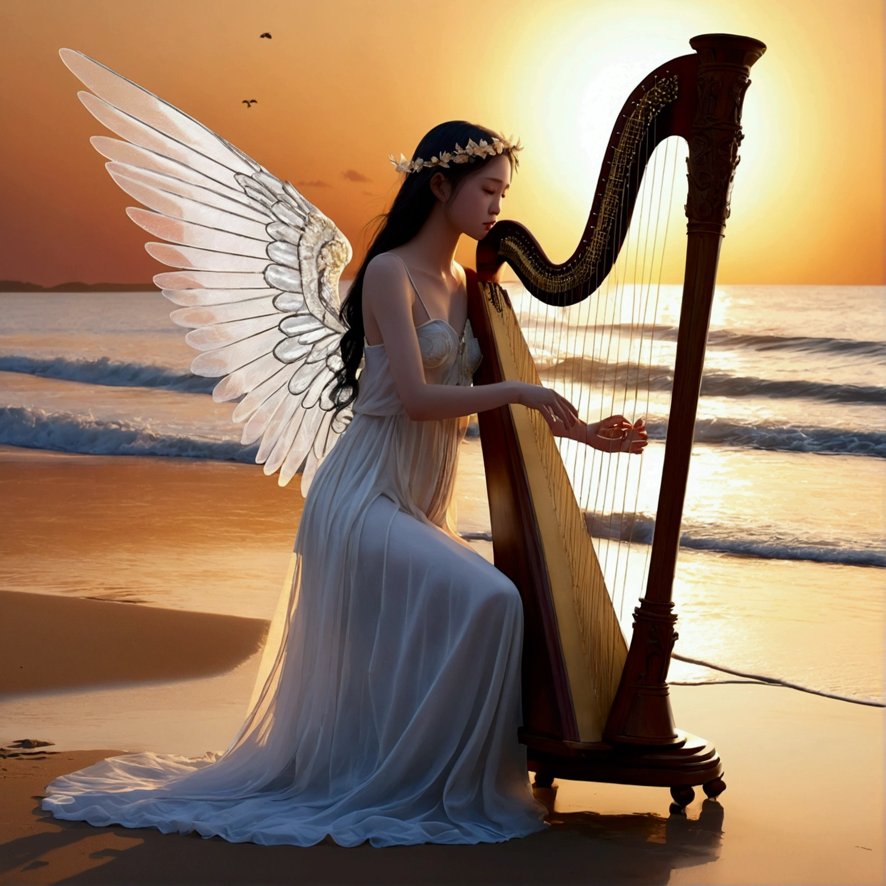 Sunset Beach,Angel playing harp、Transparent Wings、Pale expression、Detailed Description、Photorealistic、Realistic、